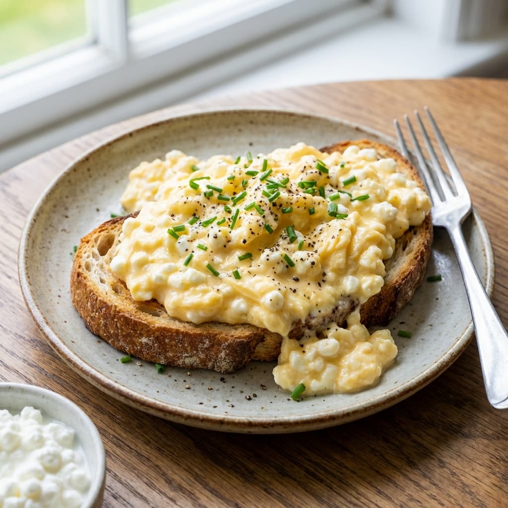 Creamy scrambled eggs with cottage cheese and black pepper