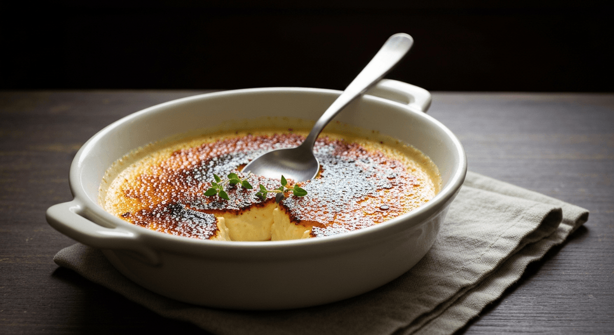 Crème brûlée: Burnt Sugar Serenade: Crack through the brittle sugar shell to reveal a creamy, vanilla-infused custard. A classic dessert that's both elegant and comforting.