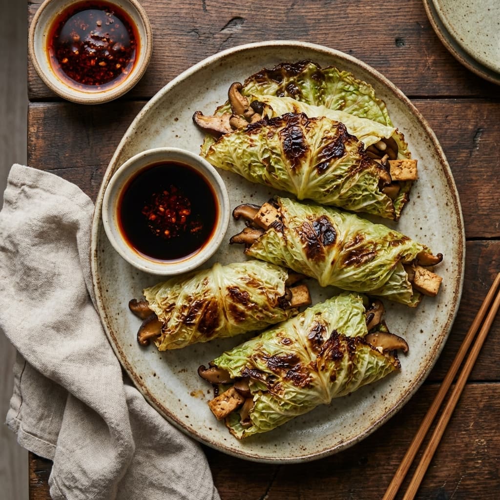 Roasted cabbage wraps with blistered edges and a savory meat filling
