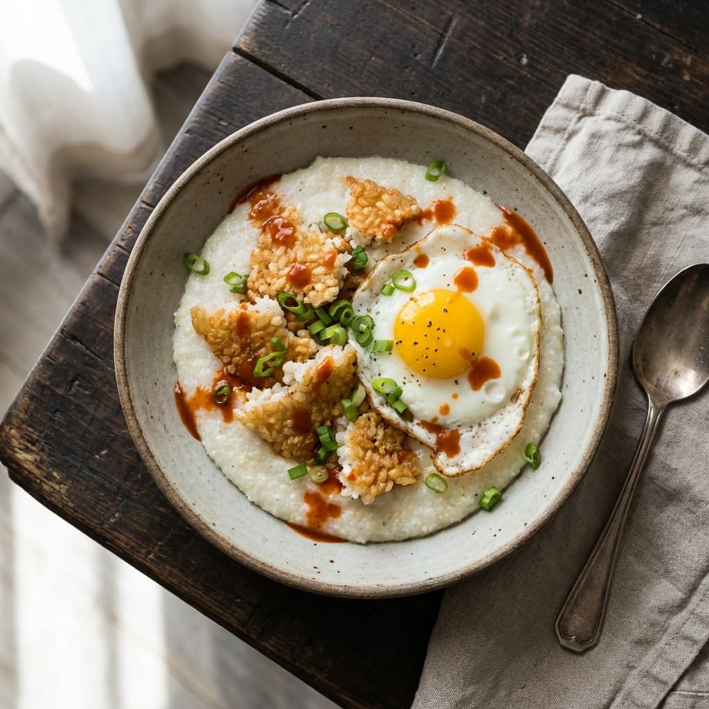 A bowl of creamy cheesy grits topped with crispy rice shards, a runny egg, scallions, and hot sauce