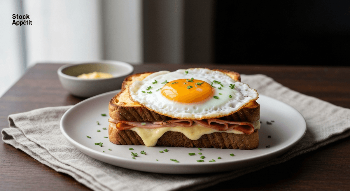 Croque Madame — French Grilled: Elevate your brunch game with this classic French sandwich. Creamy béchamel, savory ham, and a perfectly fried egg make this a truly indulgent treat.
