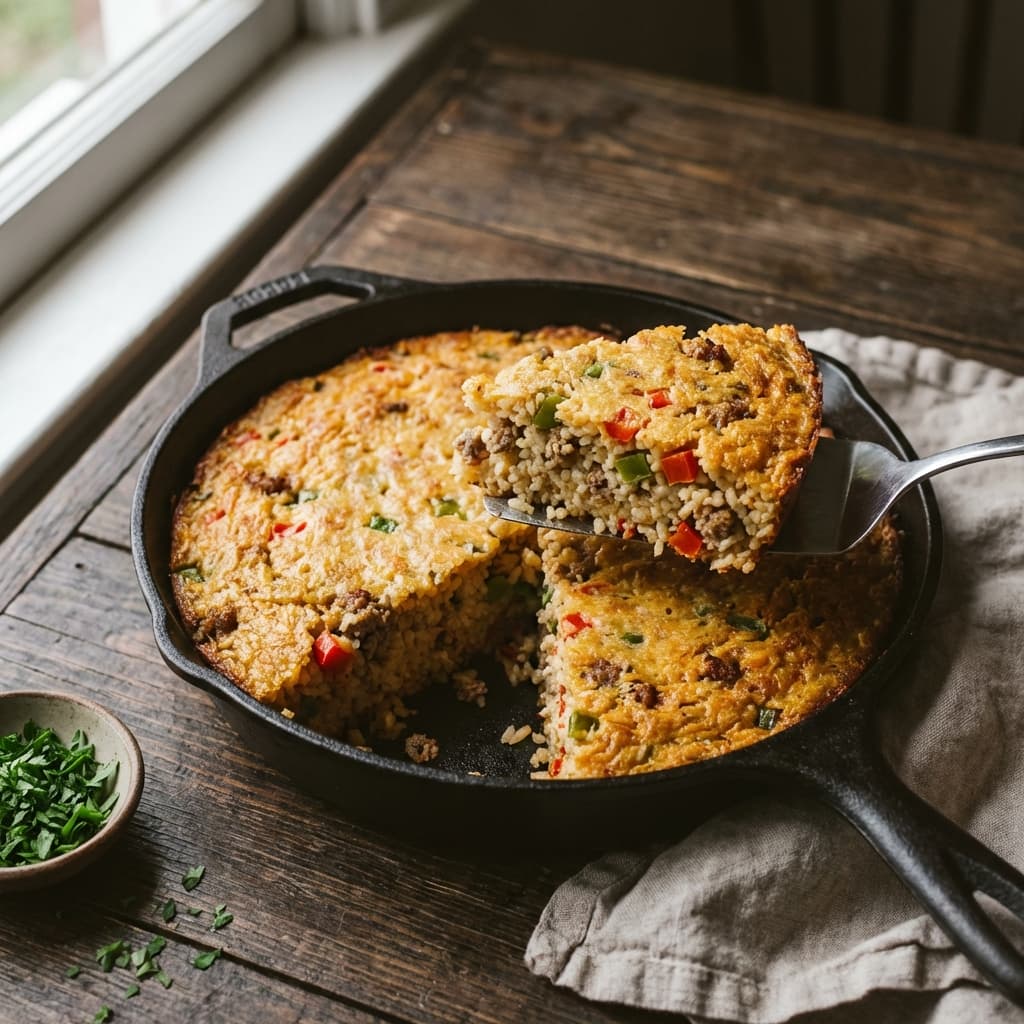 Dirty rice you can cut like a pie and eat with hot sauce.