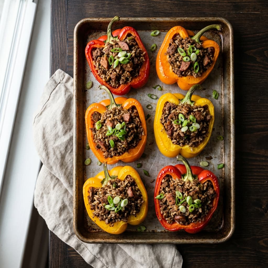 Dirty Rice Stuffed Peppers (Weeknight Edition): Dirty rice, and the pepper becomes the bowl.