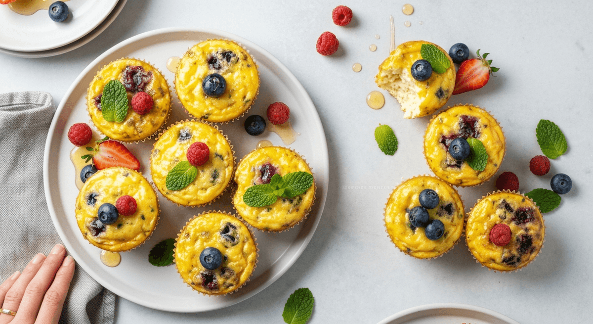 A tray of baked egg muffins with spinach and cheese, lightly browned on top