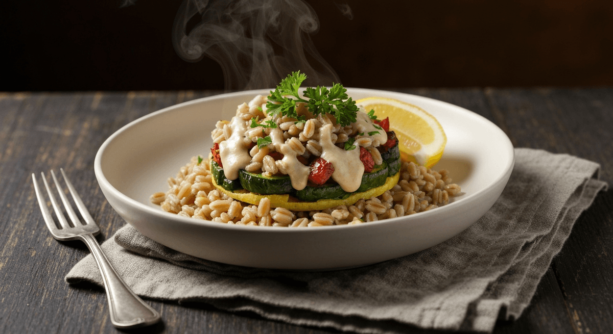 Farro Power Bowl (Roasted Veg + Tahini Lemon)
