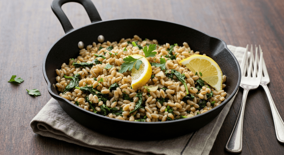Skillet of farro with wilted greens and lemon wedges