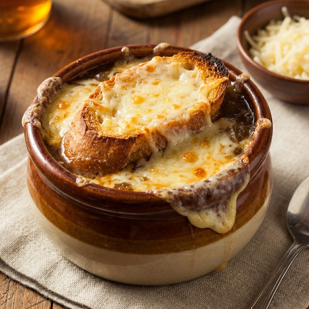 French Onion Soup: Onions tortured into brown jam, topped with cheese lava.