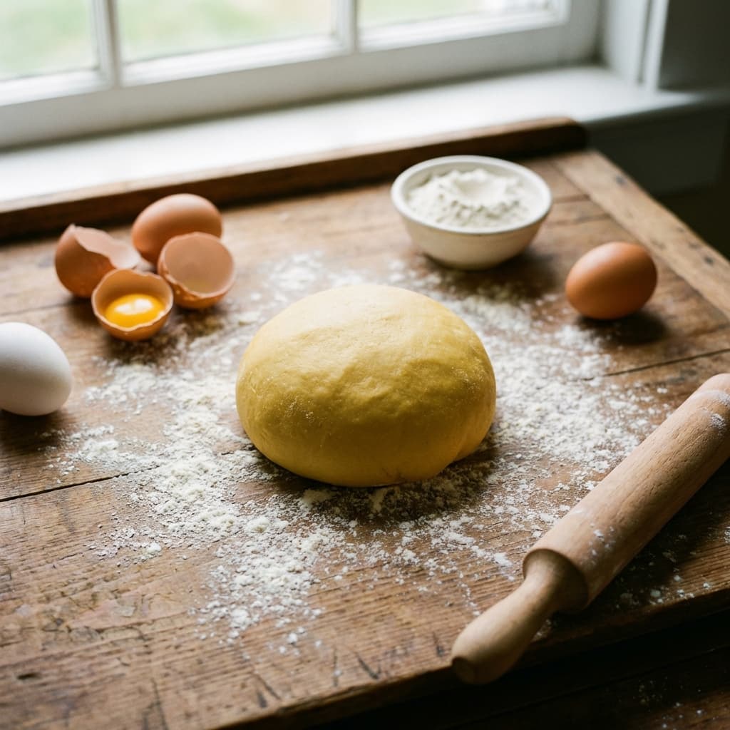 Flour and yolks. Knead until your arms fall off.