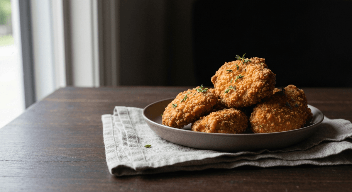 Fried Chicken — Double Dredge: Experience the ultimate crispy fried chicken with a double dredge technique. Buttermilk tenderizes the chicken while the coating creates a satisfying crunch.