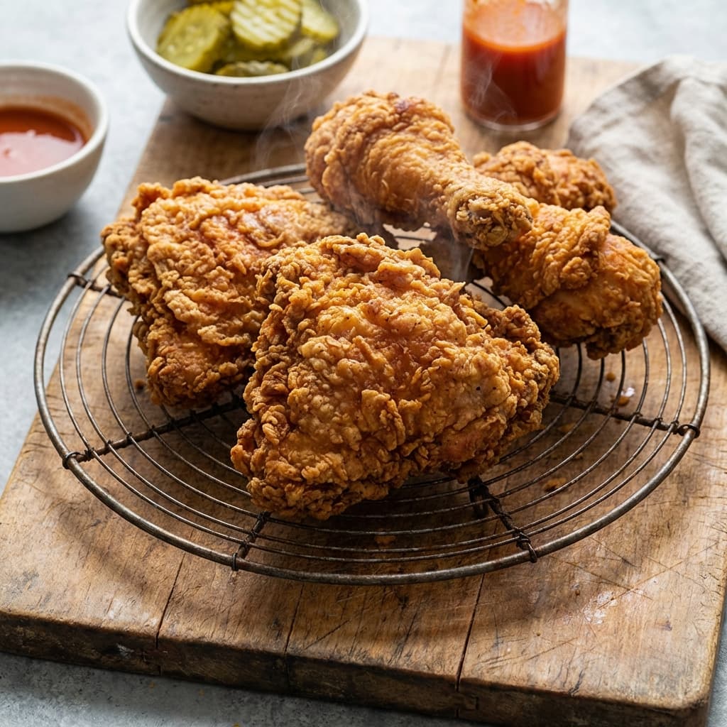 Fried Chicken: Shattering crust, juicy meat, zero grease.