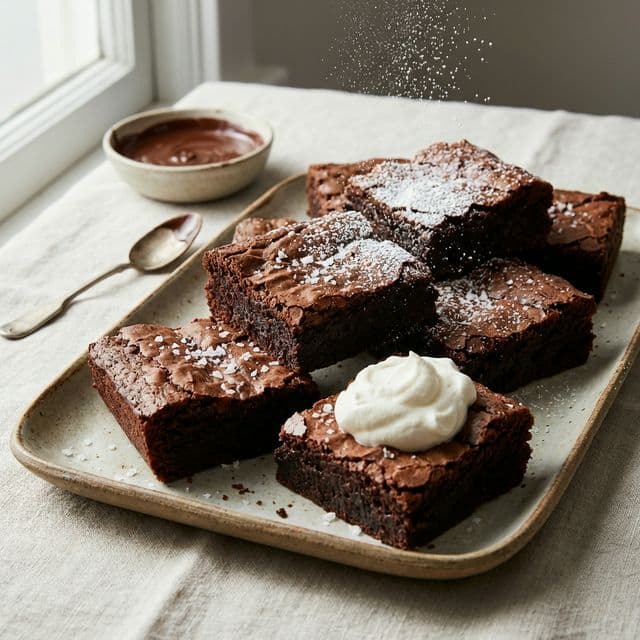 Fudgy Brownies — Salted Not Cakey: Unleash intense chocolate flavor with these salted, fudgy brownies. Blooming the cocoa in butter is the secret to their irresistible depth.