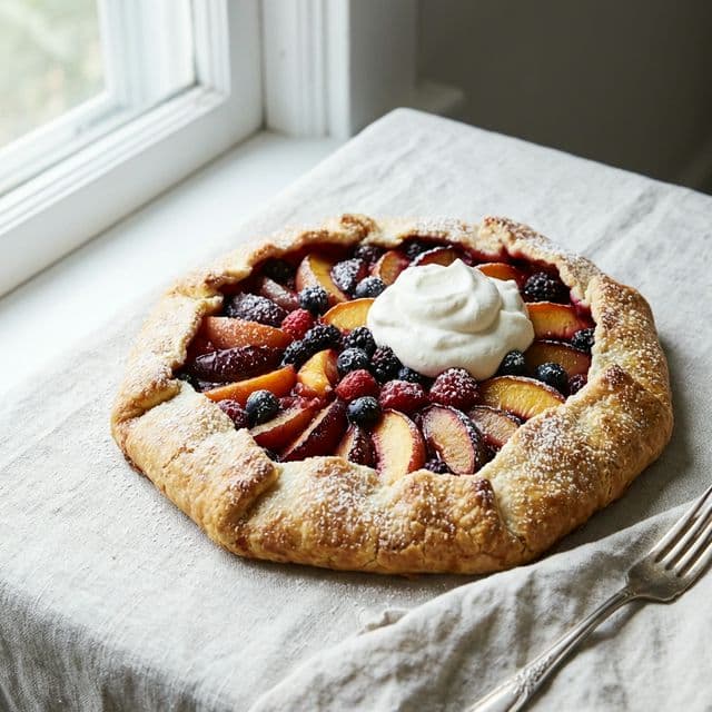 Galette — Freeform Tart: Embrace rustic charm with this freeform tart, showcasing seasonal fruits in a buttery, flaky crust. Simple, adaptable, and utterly delicious!