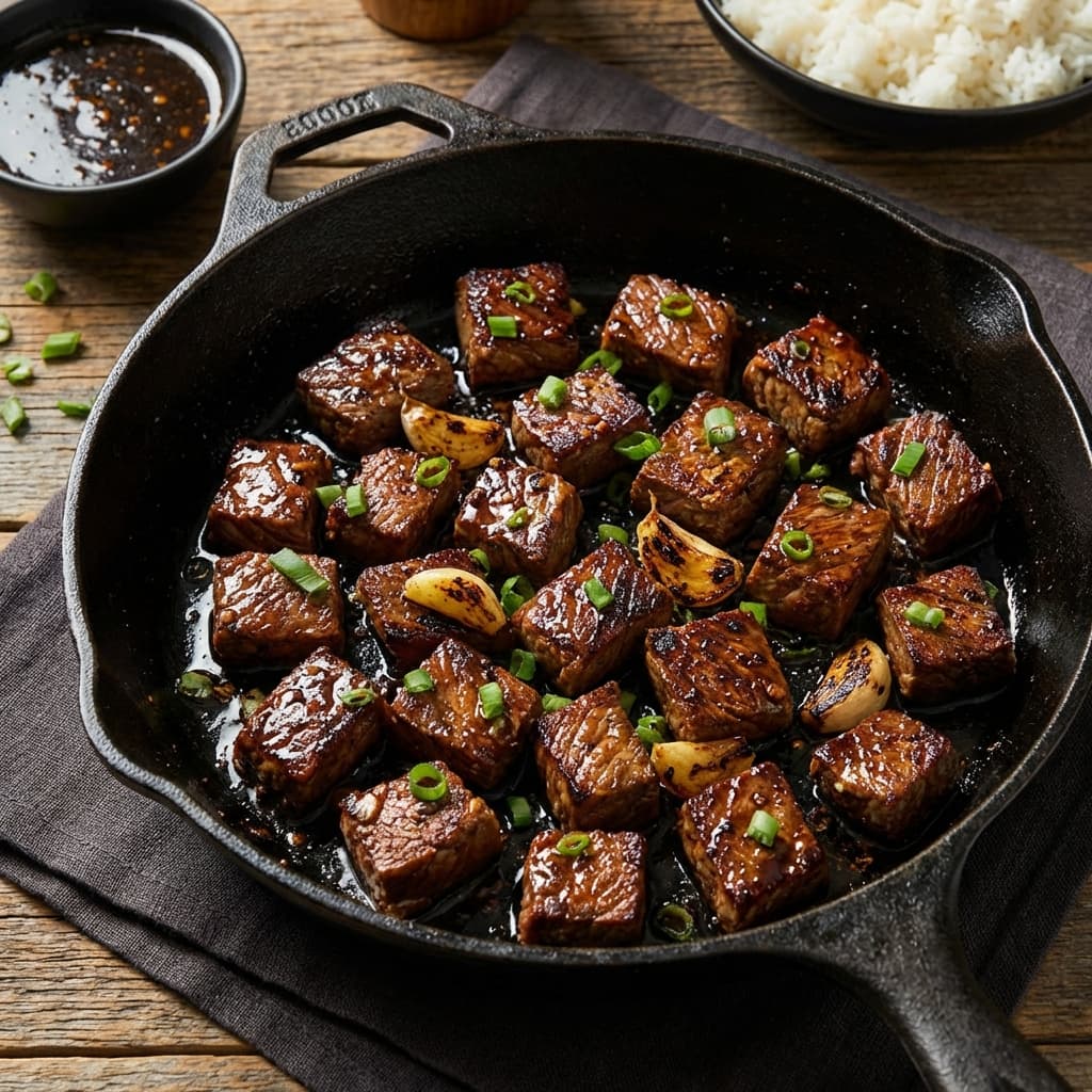 Rolled steak bites coated in glossy garlic-soy glaze in a skillet
