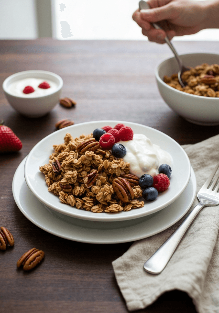 Granola — Maple Pecan Not Too Sweet: Crunchy clusters, toasted pecans, and a touch of maple syrup. This granola is perfectly balanced and not too sweet.