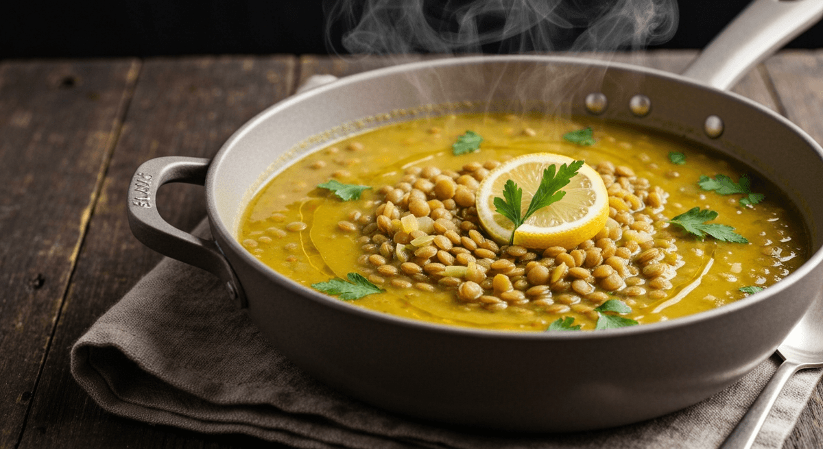 A bowl of Greek lentil soup with olive oil drizzle and lemon wedges