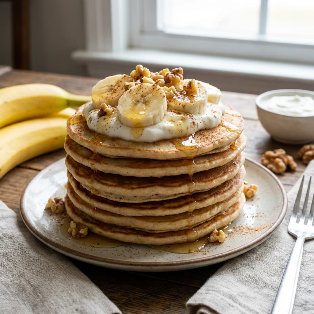 Stack of fluffy banana pancakes with Greek yogurt and berries