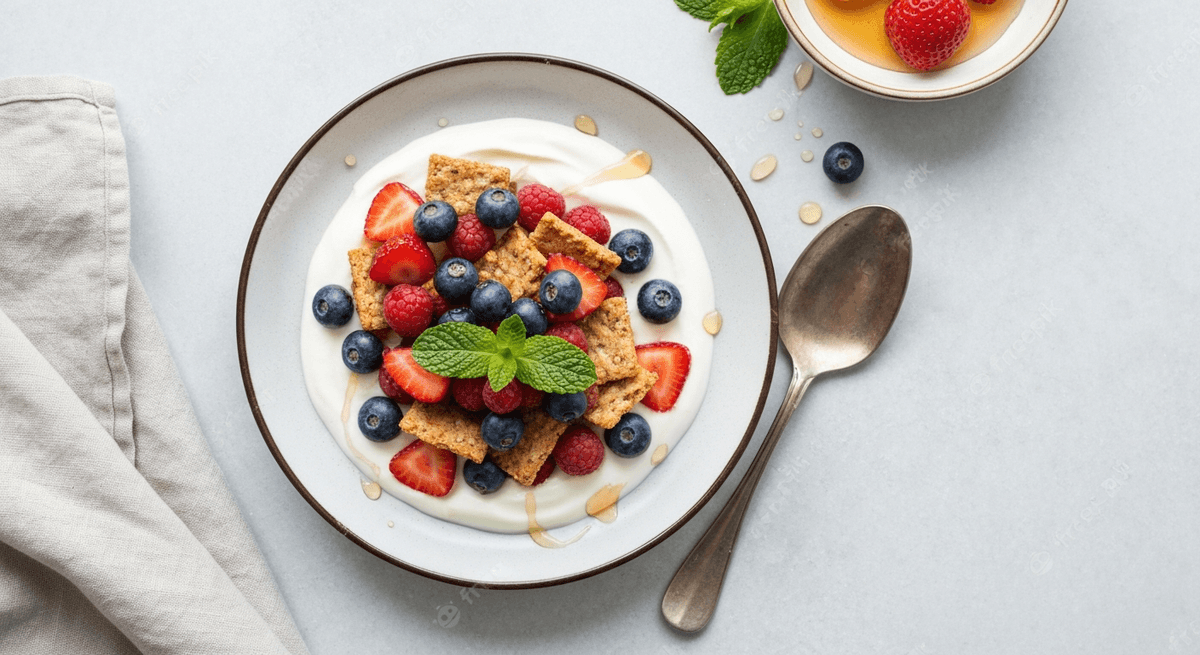 Greek yogurt parfait layered with berries and nut crunch in a glass