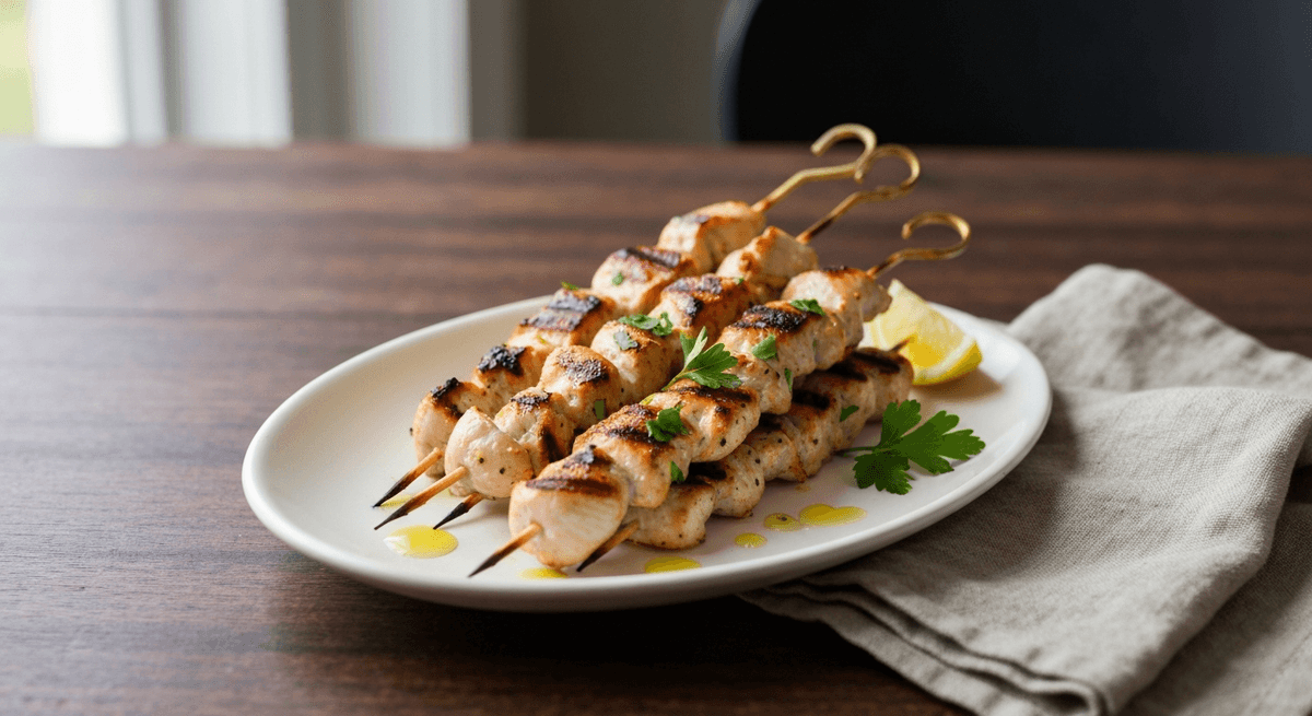 Grilled chicken skewers with lightly charred edges and lemon wedges
