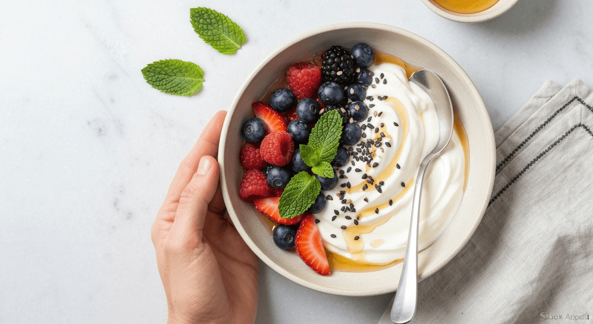 Greek yogurt bowl topped with berries, seeds, and nuts