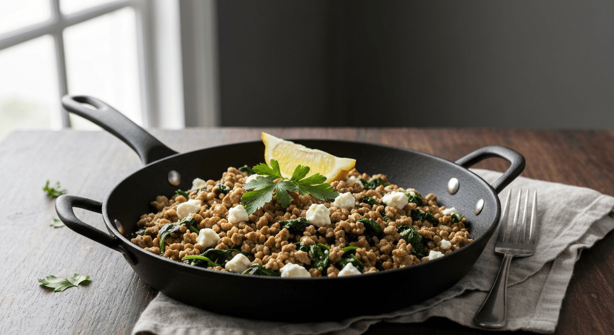 Skillet of browned ground chicken with wilted spinach and crumbled feta