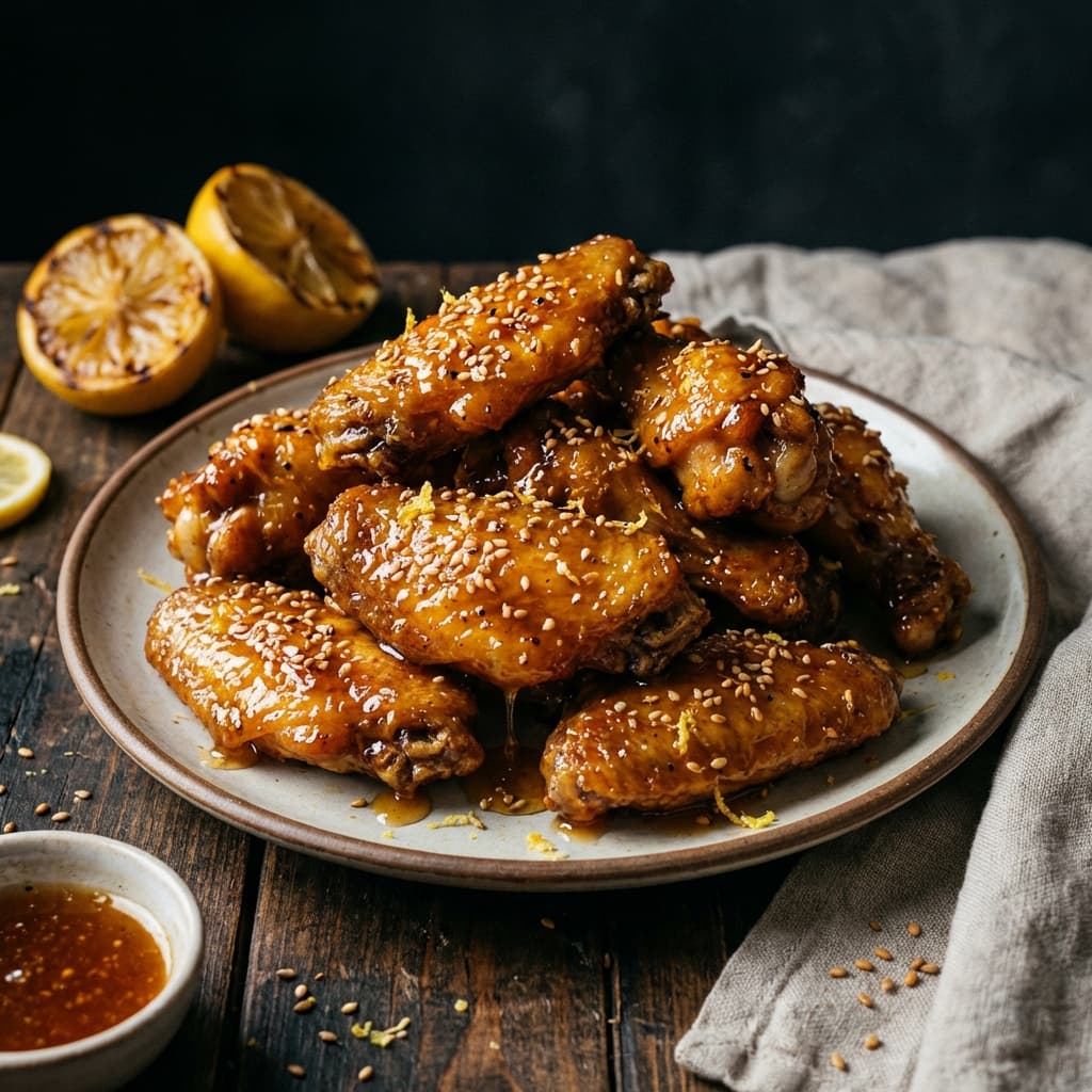 Lemon pepper wings with sweet gloss and sesame crackle.