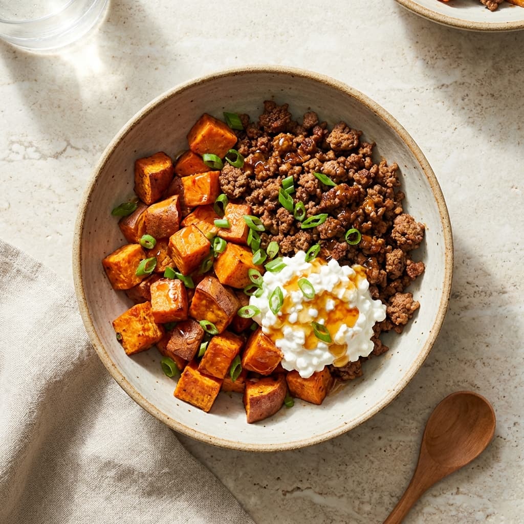 Sweet potato beef bowl with cottage cheese and a hot honey drizzle, topped with scallions