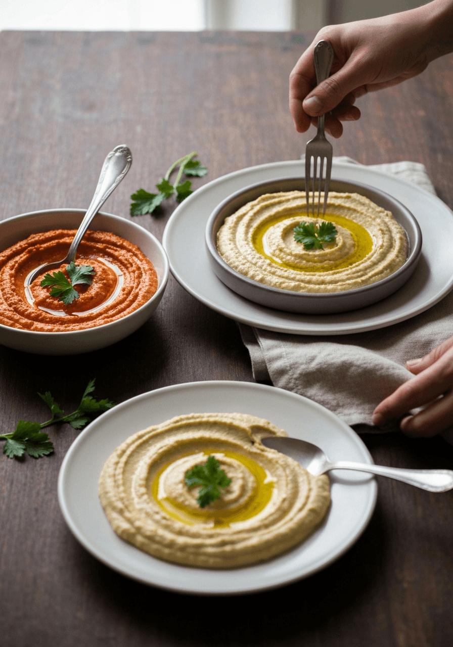 Hummus — Classic Plus 3 Variations: Master the classic hummus, then unleash your creativity with three delicious variations: roasted red pepper, spicy harissa, and zesty cilantro-lime.