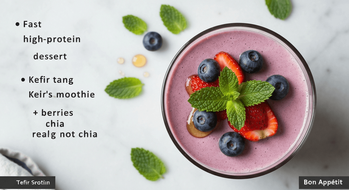 A glass of kefir berry smoothie with berries and chia seeds
