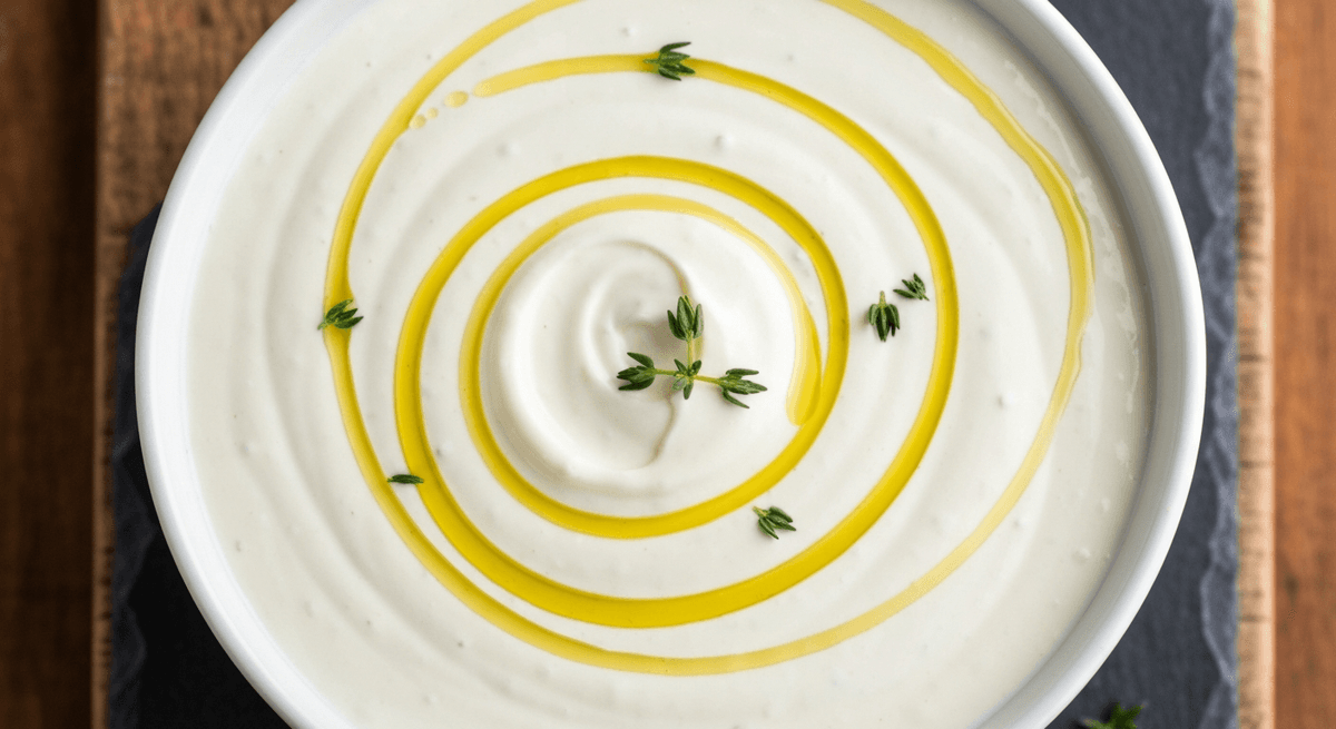 A bowl of thick kefir ranch with herbs and cracked pepper