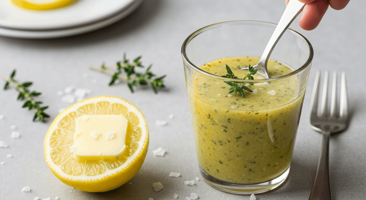 A jar of lemon Dijon vinaigrette with a whisk and lemon halves