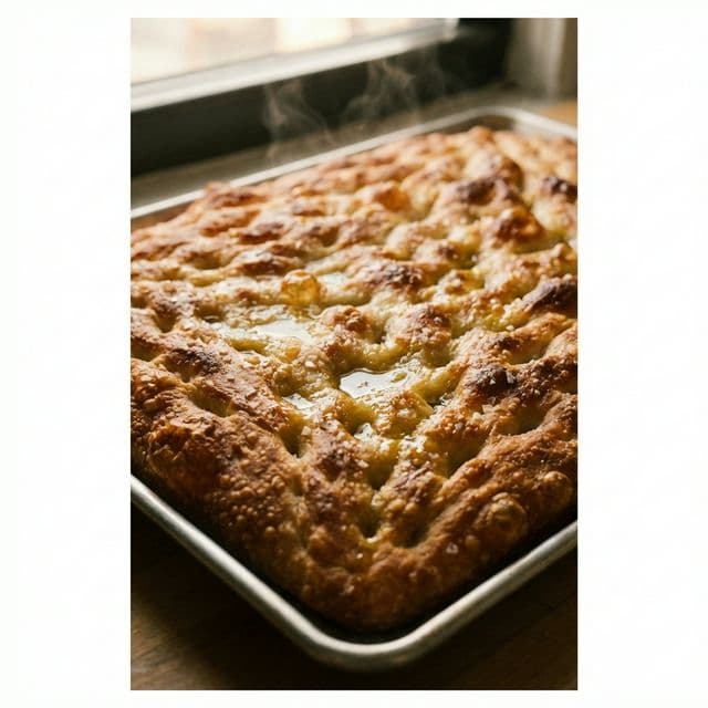 Deeply golden, dimpled Ligurian focaccia with pools of olive oil and salt crystals on a baking sheet.