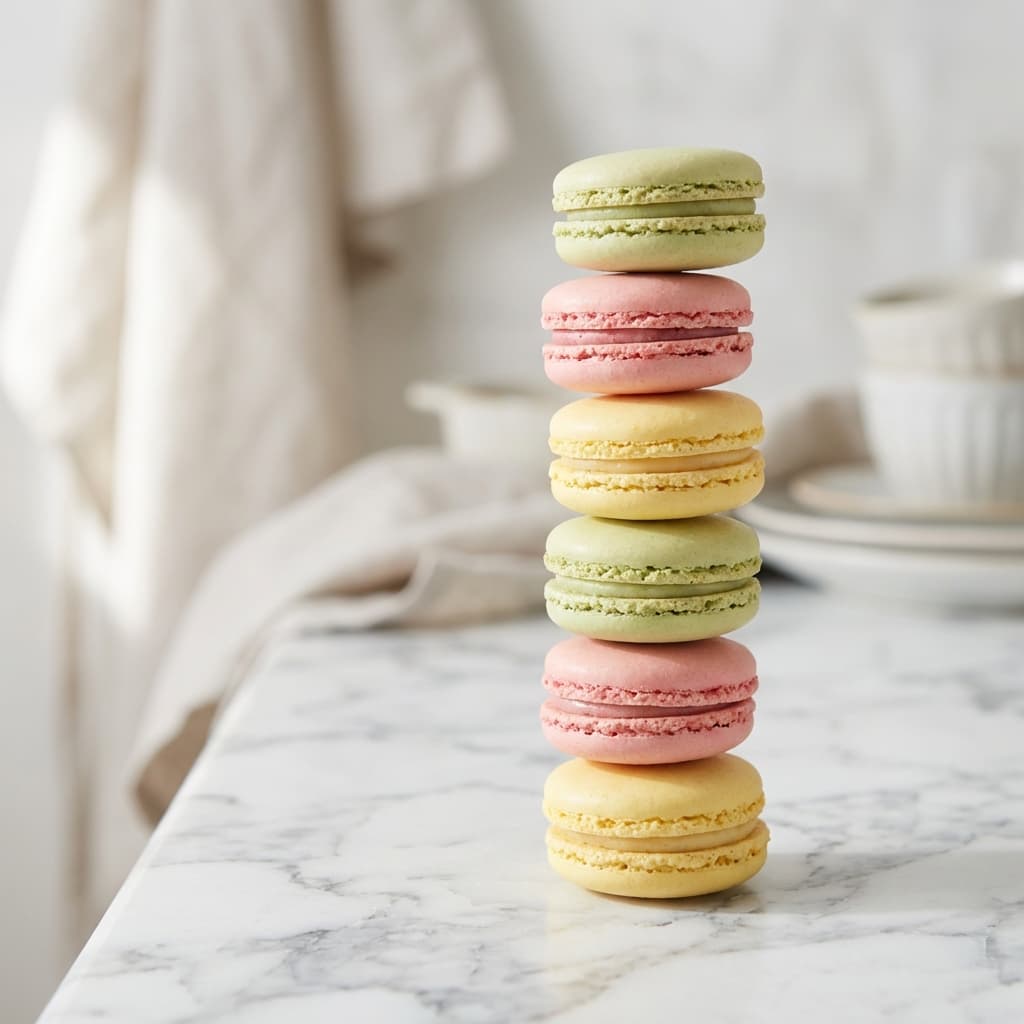 Stack of colorful pastel macarons showing ruffled feet on a marble surface