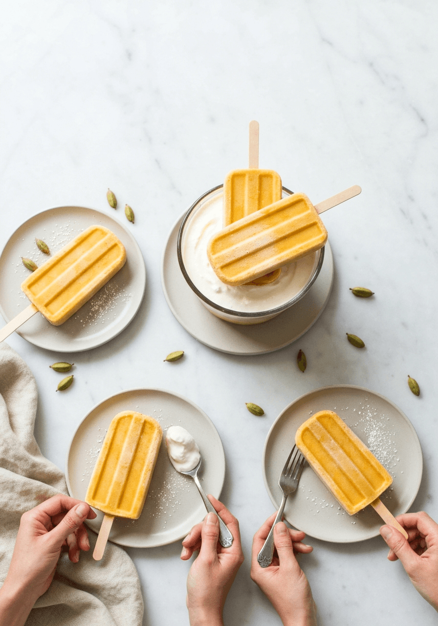 Mango Lassi Popsicles: Escape the heat with these creamy, dreamy Mango Lassi Popsicles! A taste of India in every bite, infused with aromatic cardamom.