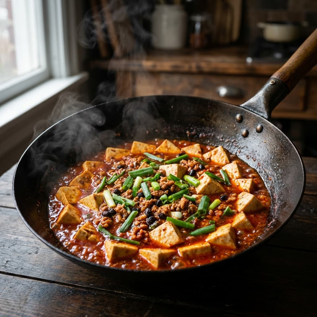 Mapo tofu in a skillet with scallions and chili oil