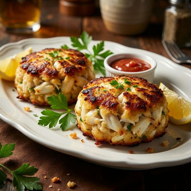 Two thick, golden-brown Maryland lump crab cakes garnished with fresh parsley and served with lemon wedges