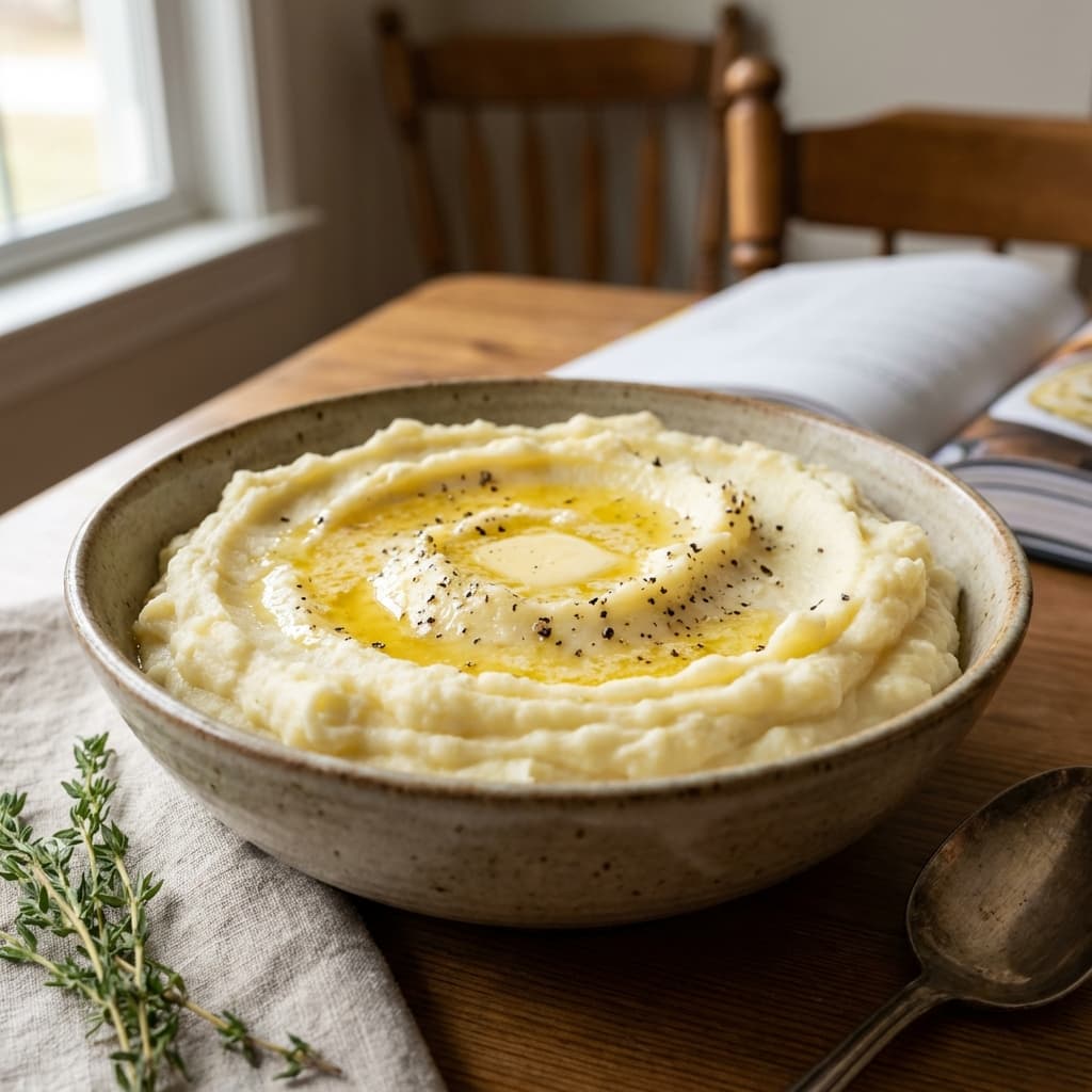 Creamy mashed potatoes with a butter swirl and black pepper on top