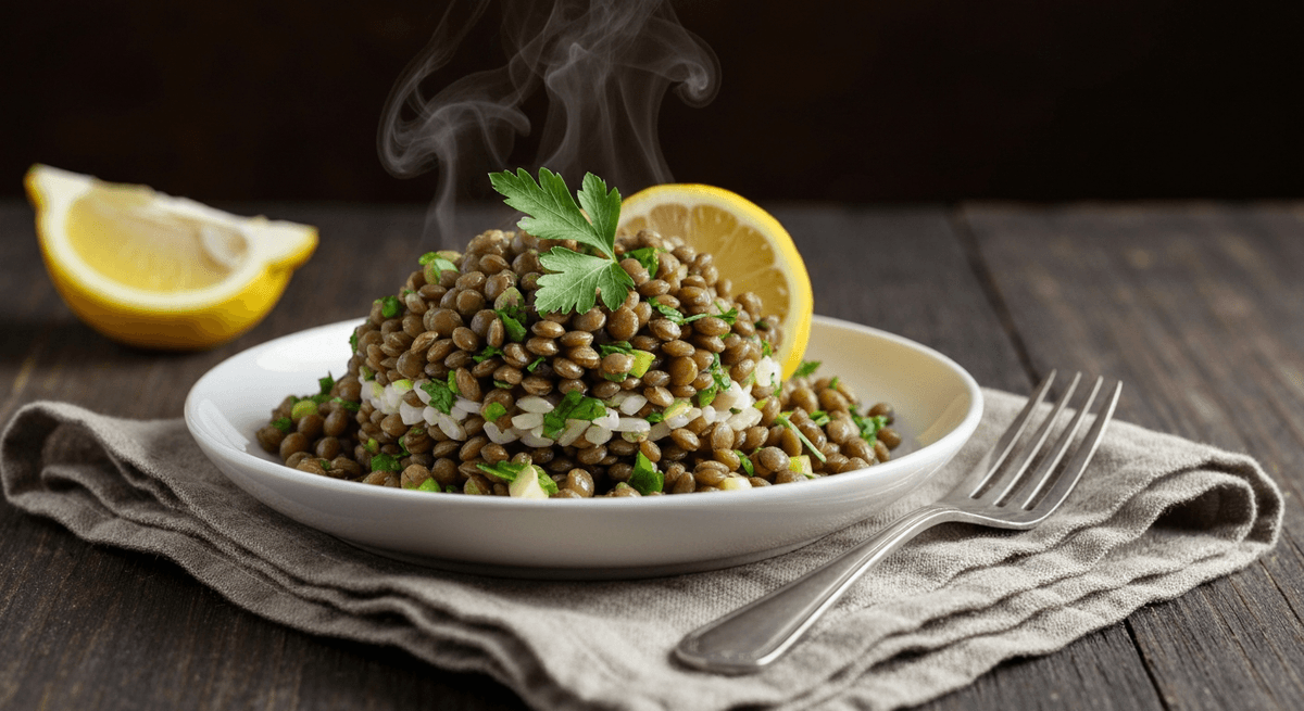Lentil salad with cucumber, tomato, herbs, and lemon dressing