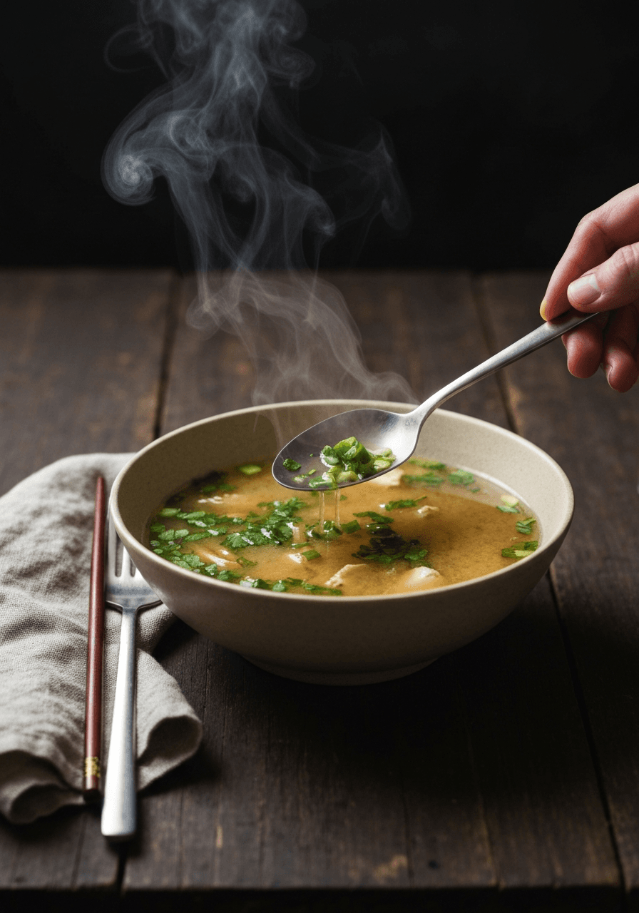 Miso Soup — Dashi Base: Unlock the secrets of Japanese cuisine with this umami-rich miso soup, starting with a perfectly extracted dashi base.