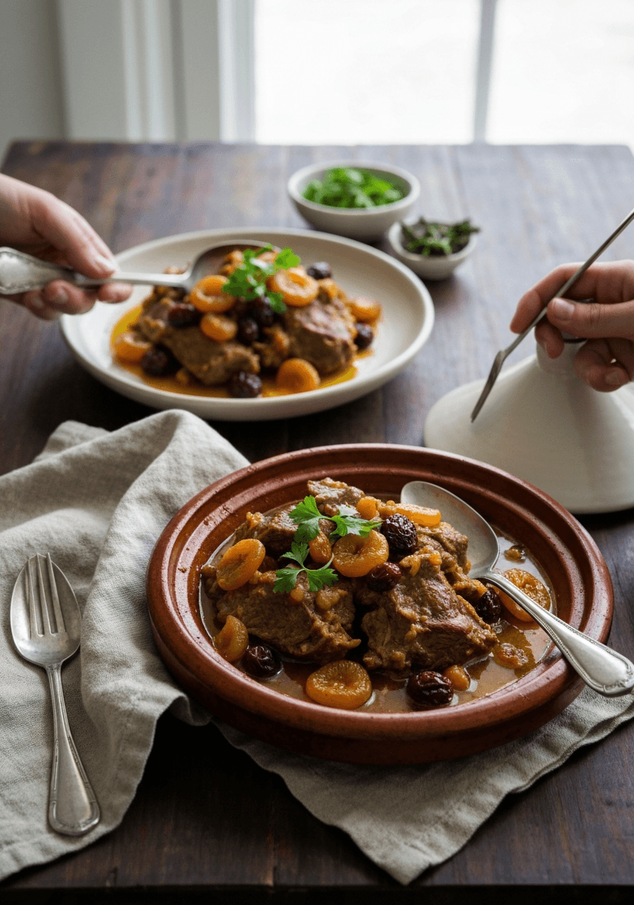 Moroccan Lamb Tagine: Transport yourself to Morocco with this aromatic lamb tagine, featuring tender lamb, sweet dried fruit, and warm spices. A comforting and flavorful North African stew.