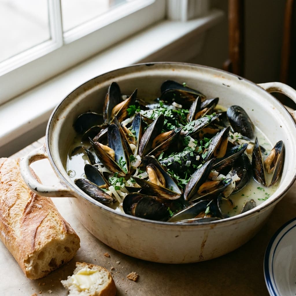 Mussels steamed in wine, broth thickened with butter.