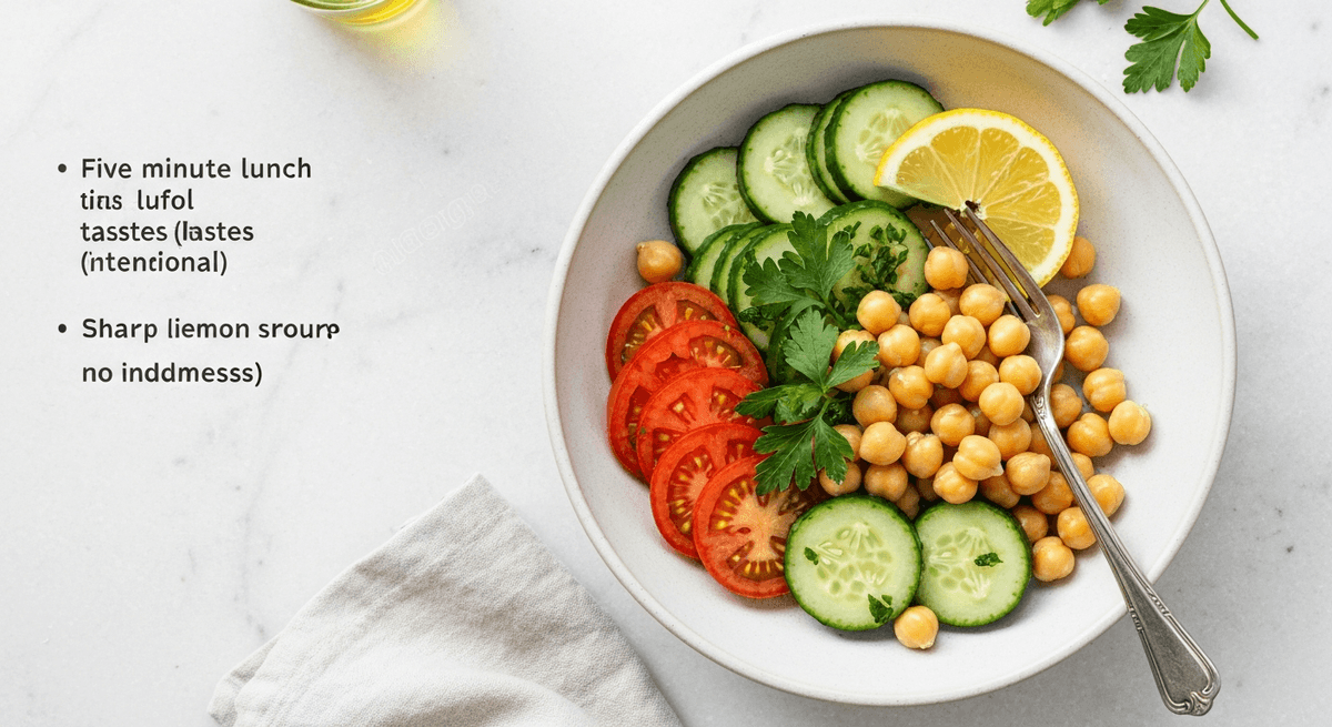 Chickpea bowl with cucumber, tomatoes, herbs, and lemon dressing