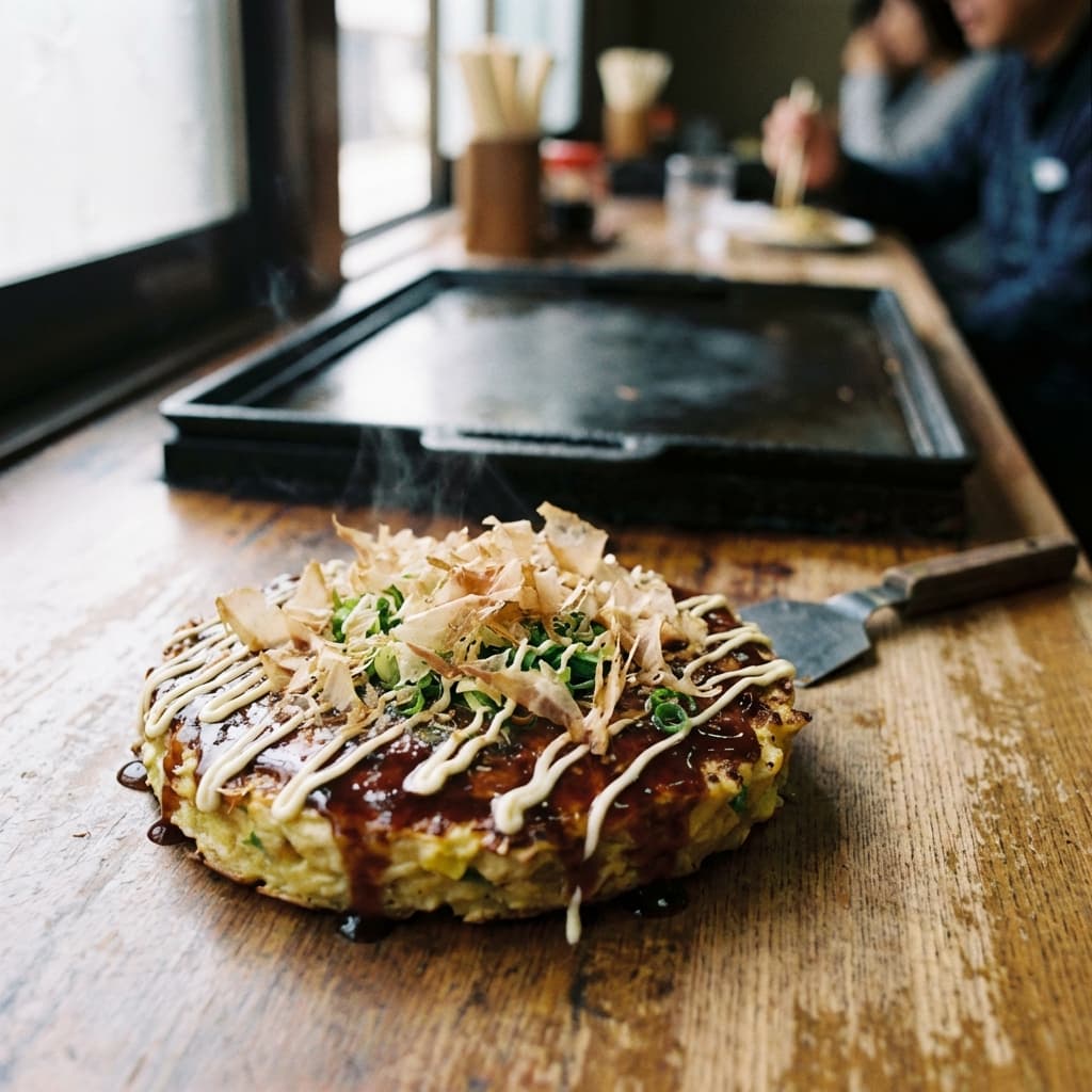 A savory Japanese cabbage pancake loaded with toppings — street food at home.