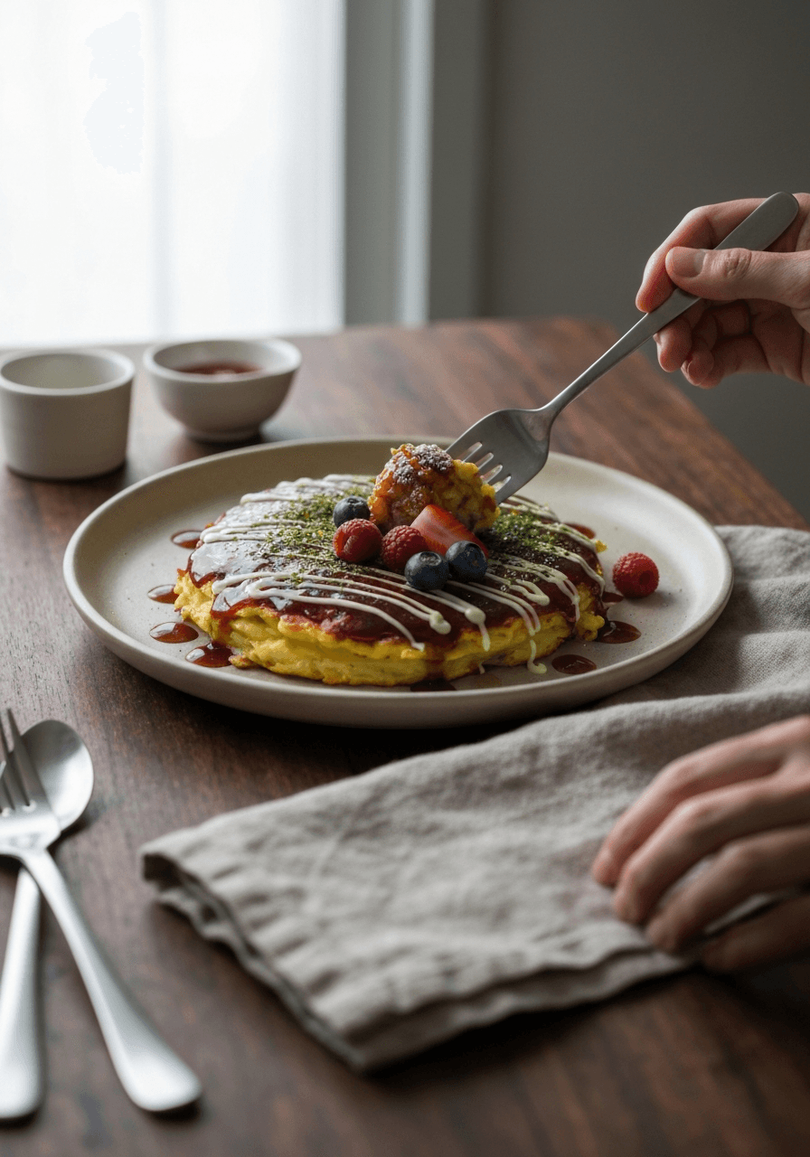 Okonomiyaki — Savory Pancake: Crispy edges, custardy center, and a burst of umami: this Osaka-style okonomiyaki is a flavor explosion in every bite. The secret? Nagaimo (mountain yam) for an unforg...