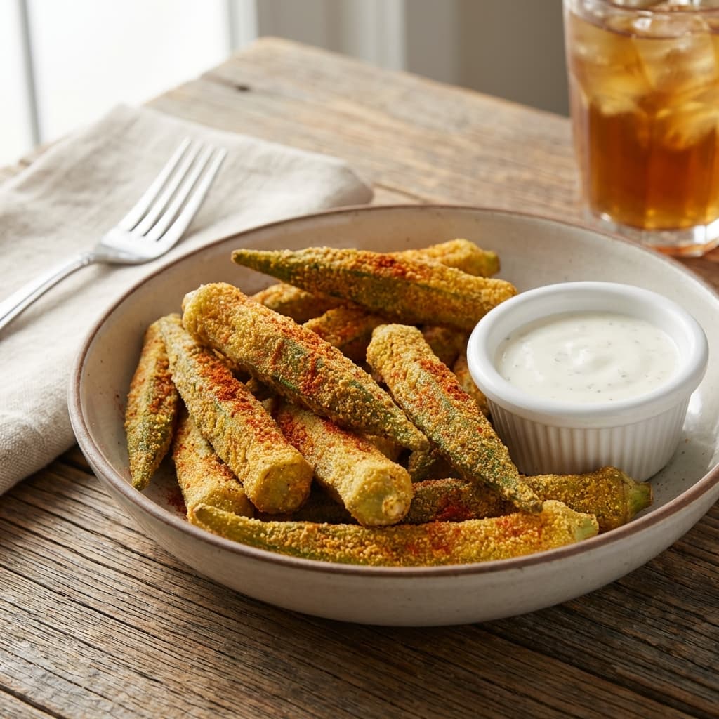 Okra Fries with Creole Ranch Dust: Crunchy okra, cool heat, and zero slime.