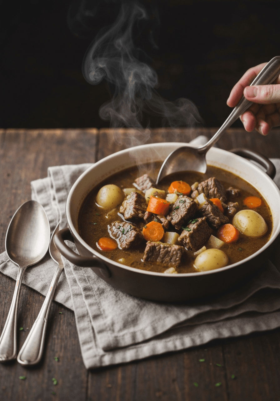 Old-Fashioned Beef Stew: No wine, just beef, carrots, and potatoes. Brown the meat or don't bother.