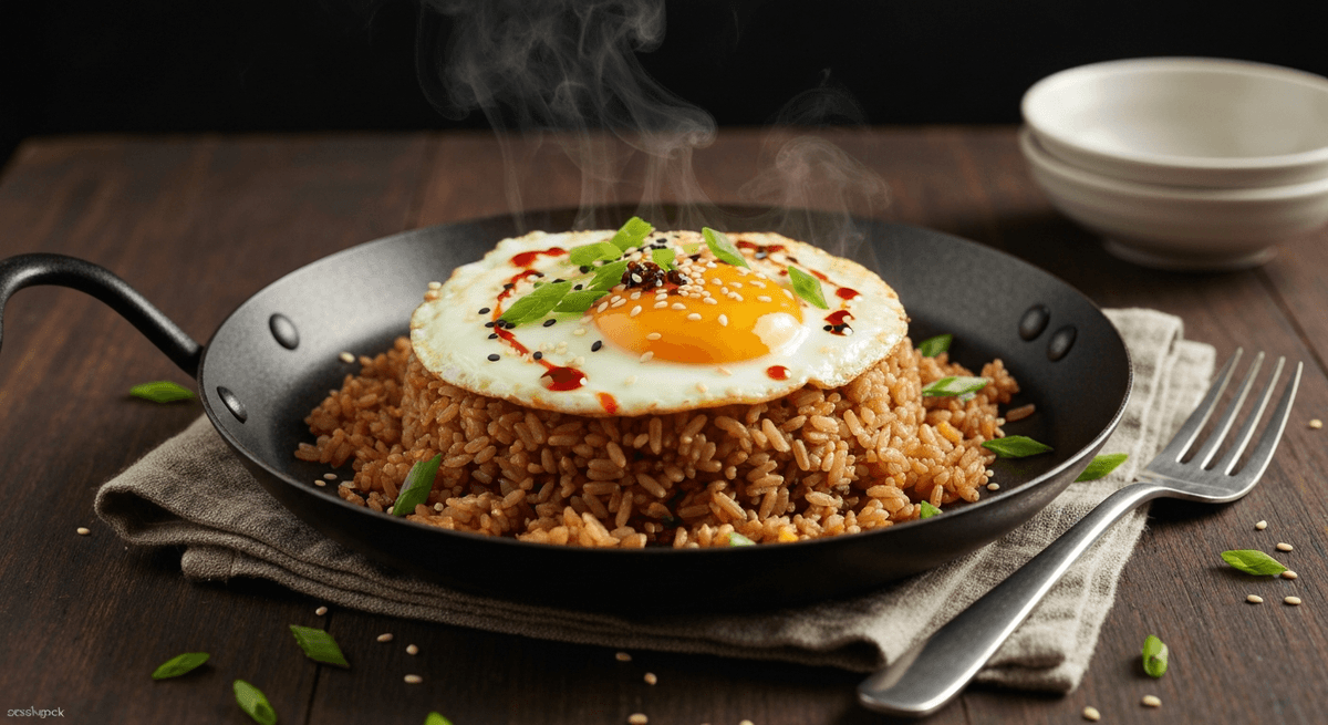 Skillet of egg fried brown rice with scallions and crisp grains