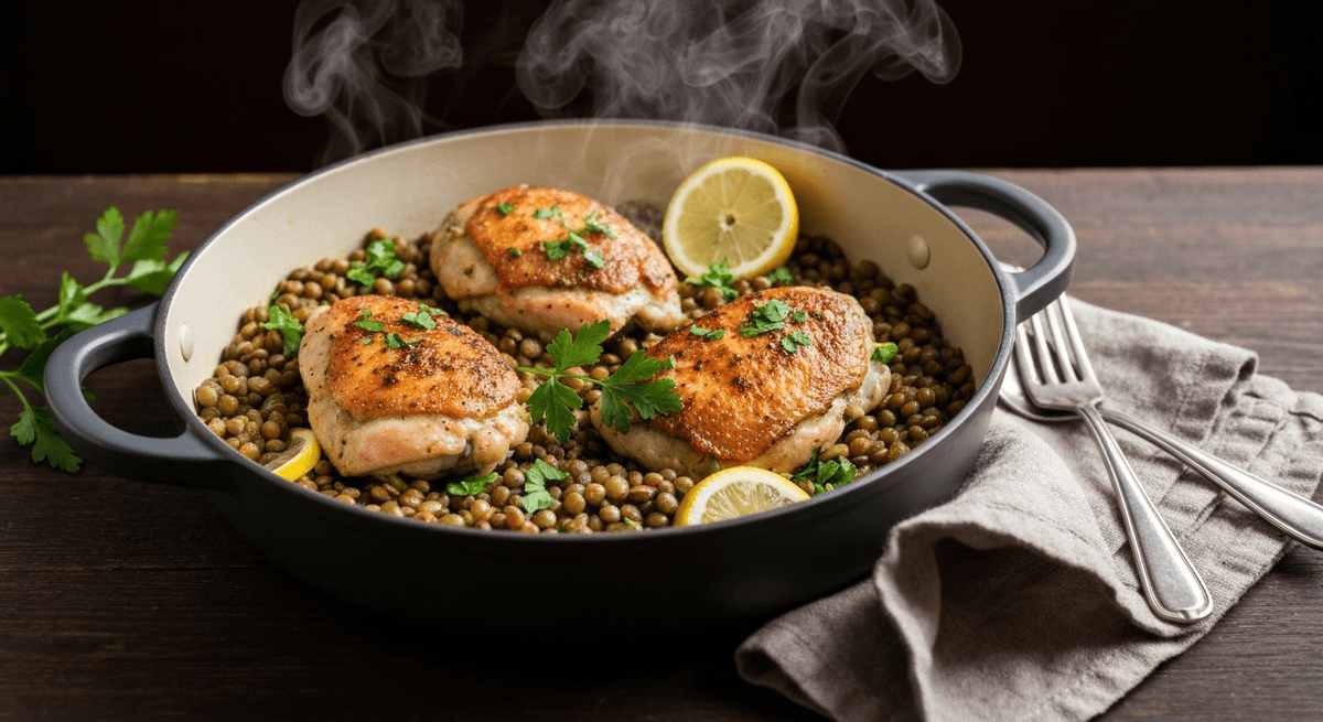 A bowl of chicken and lentils with lemon wedges and herbs