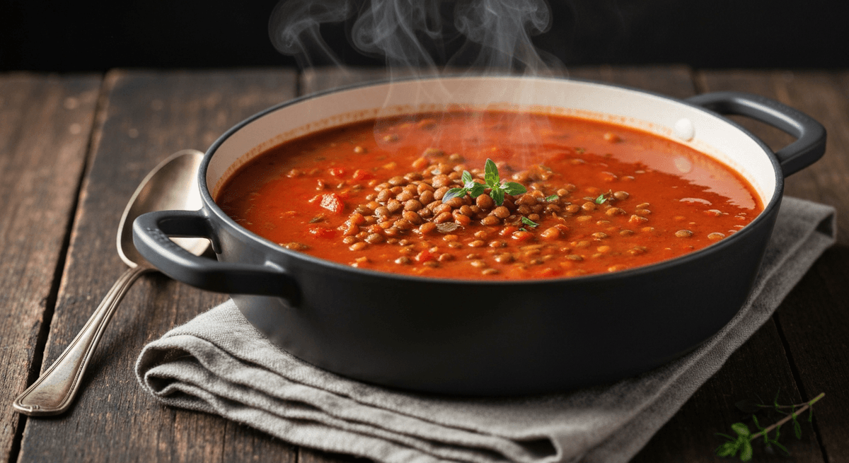A bowl of lentil tomato soup with olive oil drizzle and herbs