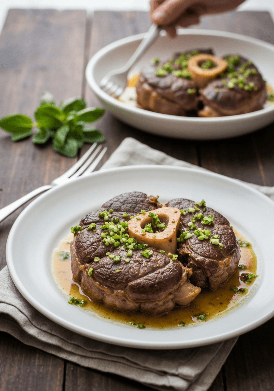 Indulge in the richness of slow-braised veal shanks, brightened by the zesty flavors of gremolata. A classic Italian dish that's both comforting and impressive.