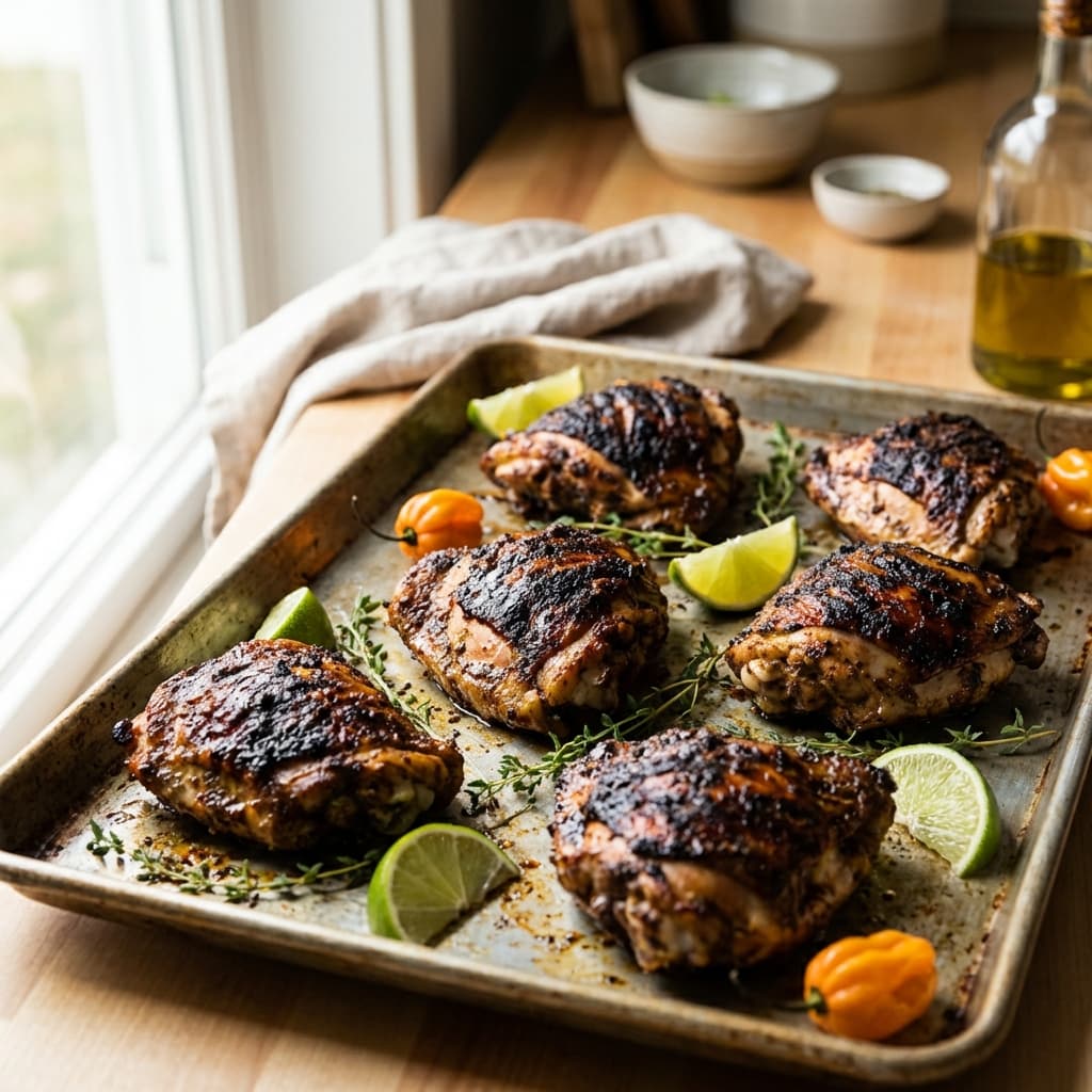 Oven-roasted jerk chicken thighs with charred edges and lime wedges